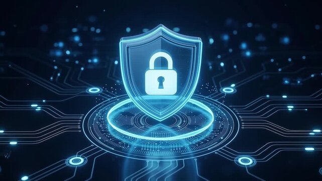 Futuristic 3D Cybersecurity Shield with Digital Padlock and Glowing Network Infrastructure