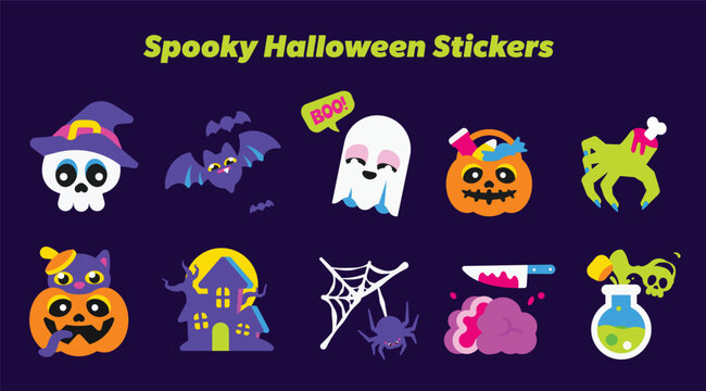 10 colorful Halloween stickers featuring witches, skulls, bats, potions, ghosts, pumpkins, haunted houses, spiders, spooky effects and monsters