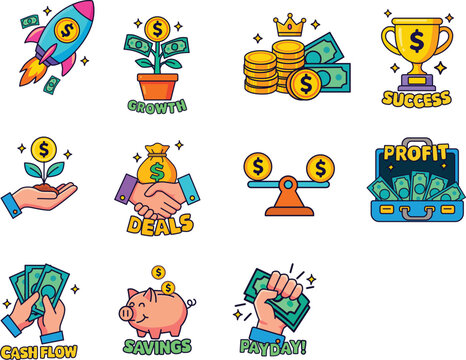 Colorful finance and business sticker set featuring money, savings, profit, cash flow, payday, deals, growth, success, investment, coins, banknotes, money bag, piggy bank, balance scale