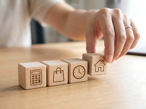 Person hand stacking wooden icon blocks