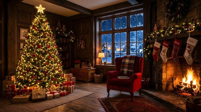 A beautifully decorated christmas tree and cozy fireplace create a warm and inviting holiday atmosphere