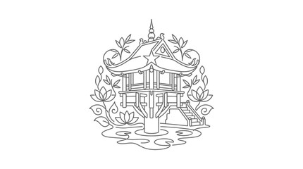 Fototapeta premium Minimalist Line Art Illustration of a Traditional Vietnamese Style Pagoda on a Pond with Lotus Flowers