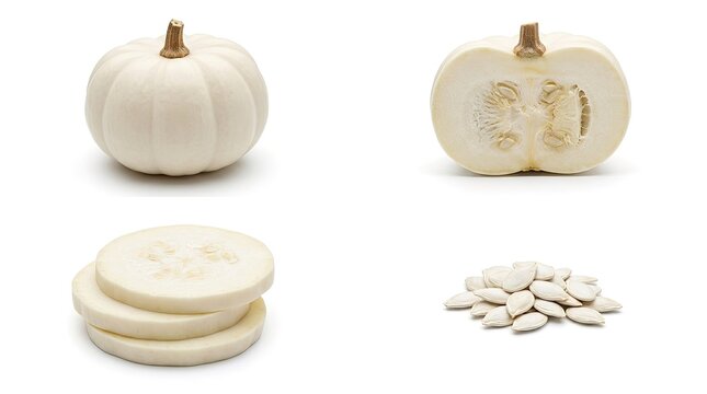 White Pumpkin Assortment: Whole, Halved, Sliced, and Seeds