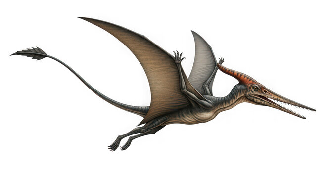 Flying pterodactyl dinosaur with large wings in the sky isolated on transparent background