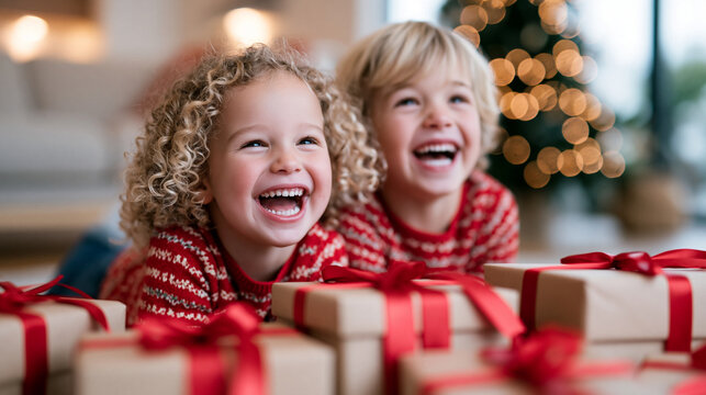 Young children sitting eagerly on the floor in front of a pile of wrapped gifts, wide excited expressions, candid unposed holiday morning moment, warm cozy living room with soft na