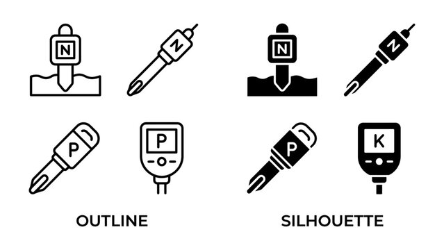 Soil Test Kit Icons: Set of icons for soil testing tools, featuring outline and silhouette styles for digital probes, pH meters, and conductivity meters.