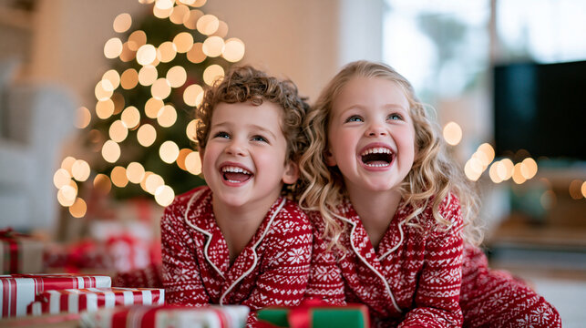 Young children sitting eagerly on the floor in front of a pile of wrapped gifts, wide excited expressions, candid unposed holiday morning moment, warm cozy living room with soft na
