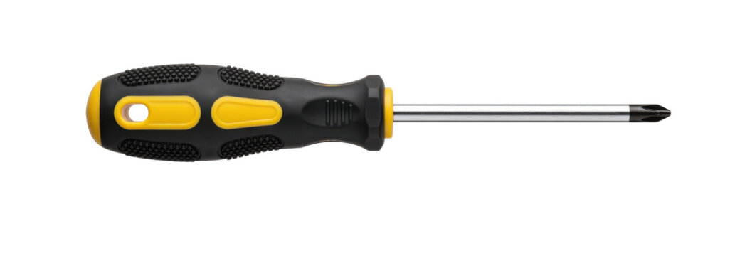 Phillips head screwdriver with black and yellow ergonomic grip isolated on white