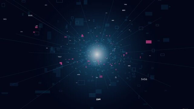Digital data tunnel featuring red pixel shards and glowing numeric strings zooming into a central light source for technology background.