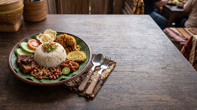 Authentic Indonesian coconut rice, Nasi Uduk, with traditional sides on a banana leaf-lined plate