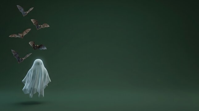 A spooky white ghost figure floating in the dark air surrounded by a swarm of black flying bats