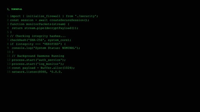 Terminal screen scrolling hacker code with green blue orange syntax shifts and final red warning alert message for cybersecurity motion graphics.
