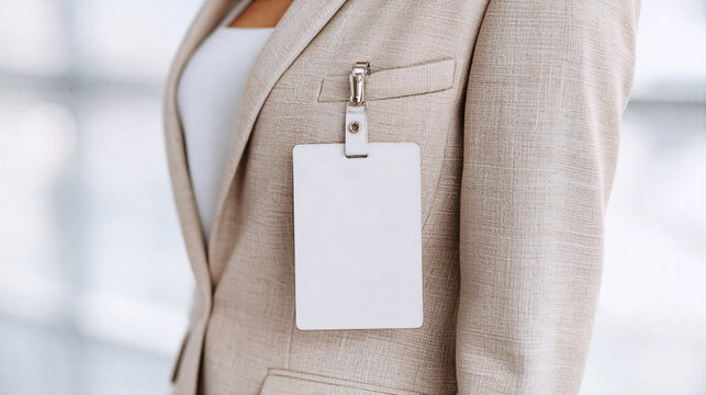 Blank white badge on beige jacket with metal clip for professional use
