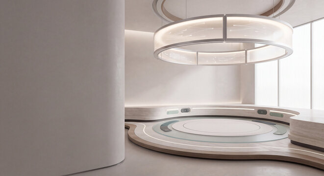 Futuristic minimalist interior design with circular white furniture and modern lighting concept