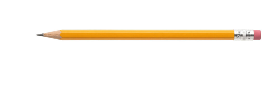 Classic yellow pencil with pink eraser and sharpened graphite tip isolated on white