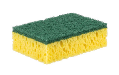 Naklejka premium Duo-sided kitchen sponge with green scrubbing pad and yellow absorbent foam