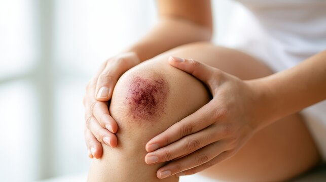 Person holding injured knee with large purple bruise and hematoma after painful accident. Close up view on leg contusion for sports medicine article, healthcare insurance or pain relief ointment ad.