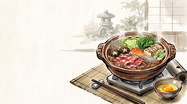 Ink and watercolor illustration of sukiyaki in a pot