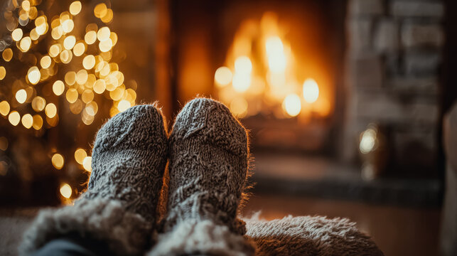 Warm wool socks in front of a glowing fireplace, suggesting a cozy winter atmosphere. A decorated Christmas tree is visible in the background, enhancing the festive mood.