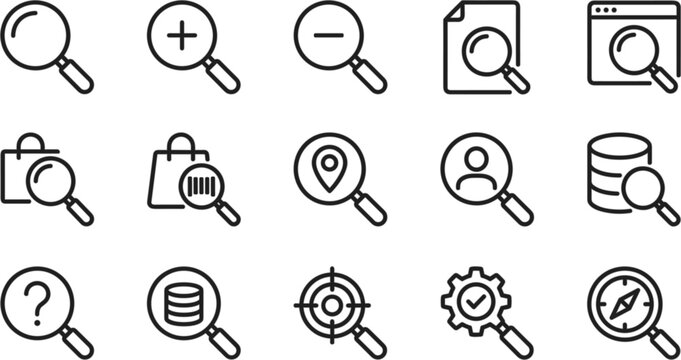 Search functionality, data discovery, and digital navigation isometric vector icon set