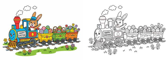 Fototapeta premium Cute Easter Bunny Driving Egg Express Train with Easter Eggs Coloring Page for Kids, Holiday Cartoon Illustration and Line Art Version