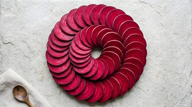 Fresh red beetroot slices arranged in a decorative spiral pattern on a stone background