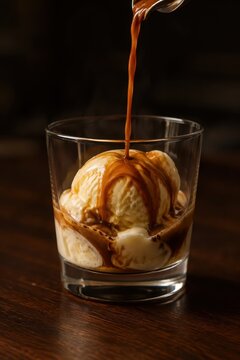 Vanilla ice cream affogato with hot espresso poured over it