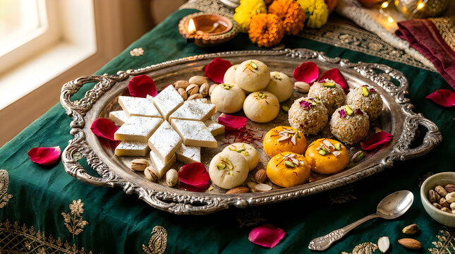 A beautifully arranged tray of traditional indian sweets for holi