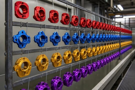 Anodised aluminium parts in vivid colours on a finishing line
