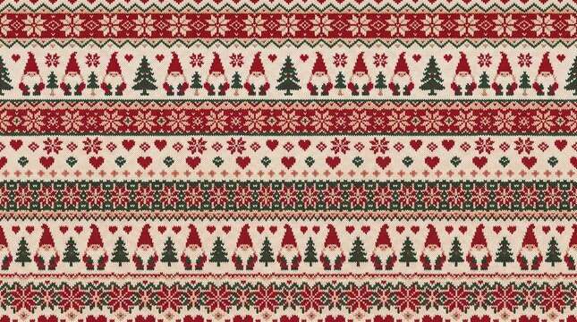 Christmas Fair Isle textile pattern with festive gnomes and winter holiday motifs