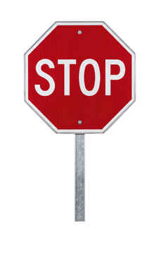 Red octagonal stop sign with white lettering isolated on transparent background
