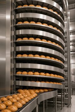 Loaves riding a spiral cooling conveyor in a bread plant