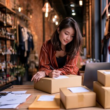 Smiling young female shop owner writing shipping label on cardboard box in small boutique store retail