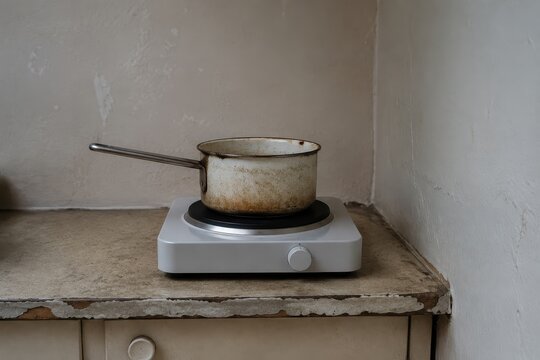 Single ring hob and one battered pan in a bare kitchen corner