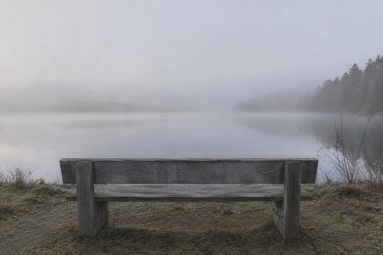 Empty weathered bench facing a still misty lake at dawn