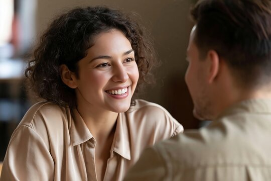 Young woman looking at her partner with a warm smile during a casual conversation indoors