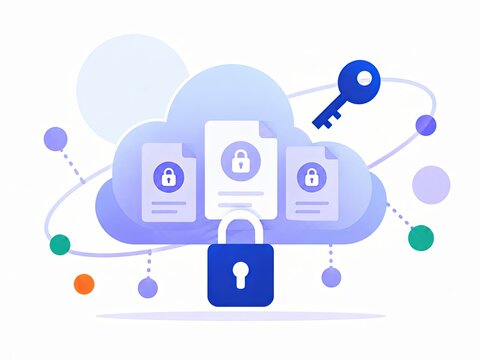Cloud with locked documents, padlock and key represents secure file storage, data protection, encryption, privacy and controlled access
