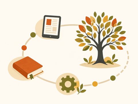 Book, tablet, gear and growing tree symbolize continuous learning, knowledge development, education, skills growth and personal progress