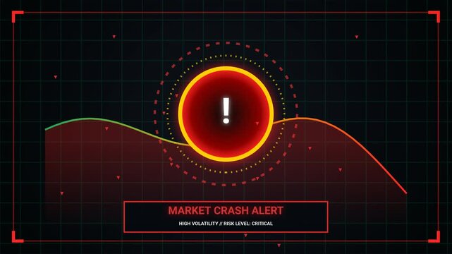 Digital interface display showing a critical market crash alert with financial volatility data and a warning notification icon