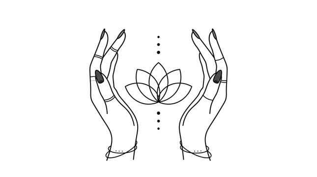 Minimalist line art illustration featuring delicate feminine hands cradling a sacred lotus flower blooming design