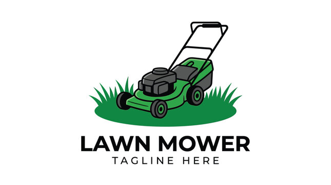 Green lawn mower illustration featuring bold outlines for professional landscaping business logo design creative templates