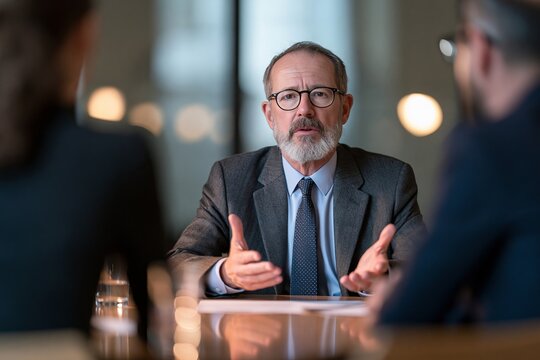 Mature businessman leading a serious discussion with colleagues at a board meeting table