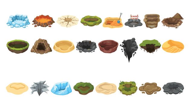Ground Crater and Hole Vector Icon Set Featuring Pit Openings, Lava Vents, Ice Chasms, and Mud Depressions for Strategic Video Game Environment Map Level Designs