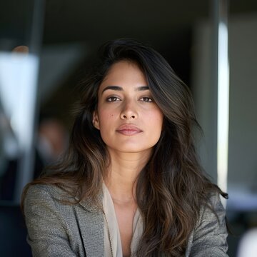 Portrait of a confident young businesswoman with dark long hair looking directly at camera