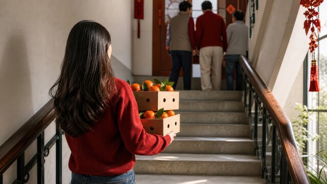 A young adult carrying boxes of mandarins up an apartment stairwell for a family visit, candid medium action view, for holiday campaigns