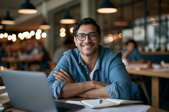 Smiling man with glasses and a denim shirt sits at a desk with a laptop in a modern office