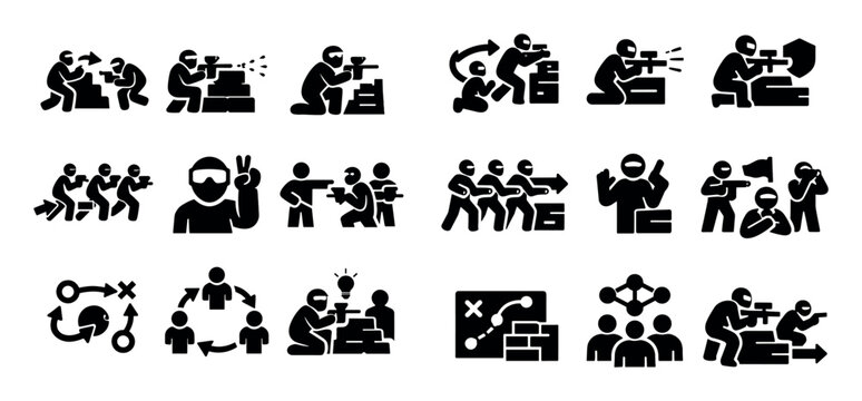 Paintball tactics and bold UI elements with cover fire, position hold and role assignment for presentation design in filled glyph style