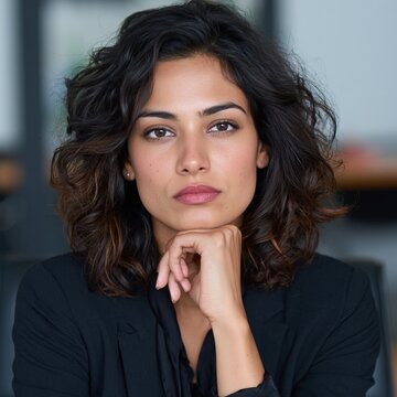 Thoughtful woman with dark curly hair resting her chin on her hand in a modern office space