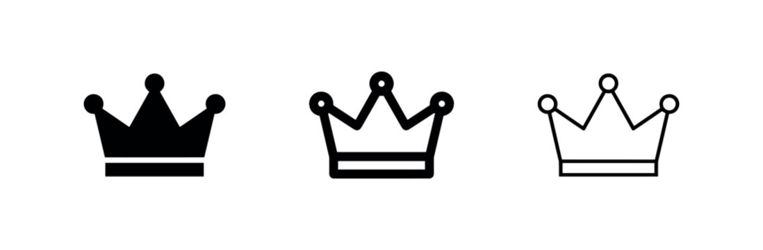 Crown Icon Set - Royalty, King, and Queen Symbol in Solid, Outline, and Line Styles for Power and Victory