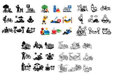 Fototapeta premium Outdoor relaxation and biking concept icons with bicycle, hammock and coffee cup for presentation design in doodle style